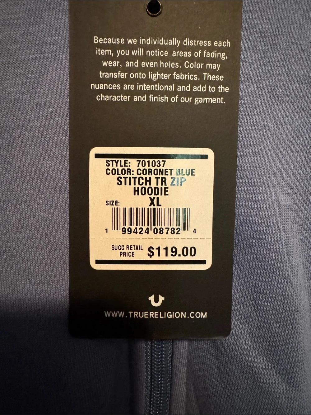True Religion Men’s Blue Zip Hoodie XL NWT | Stitched Logo Graphic Sweatshirt